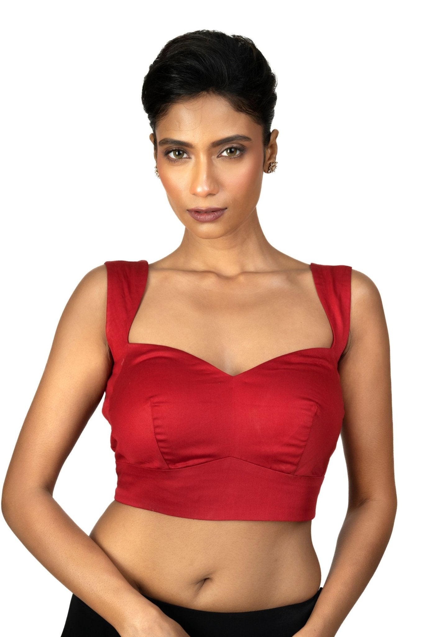 Red Sleeveless Cotton Silk Blouse with Sweetheart Neckline - Anvi Couture