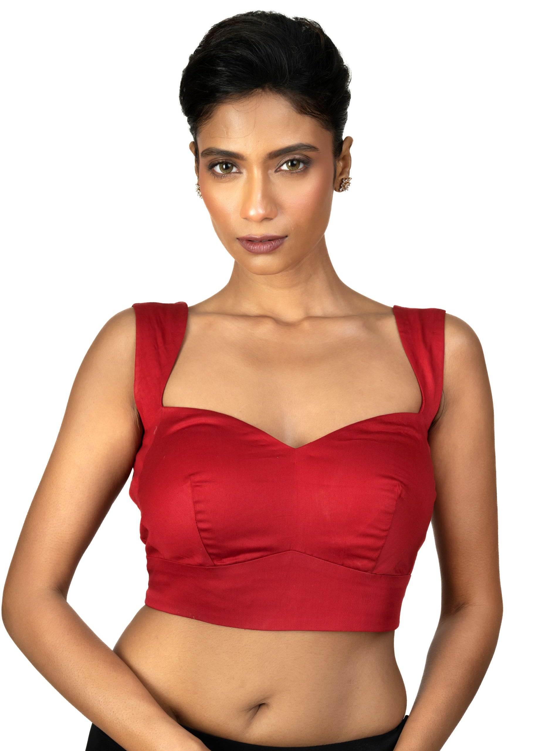 Red Sleeveless Cotton Silk Blouse with Sweetheart Neckline - image 1