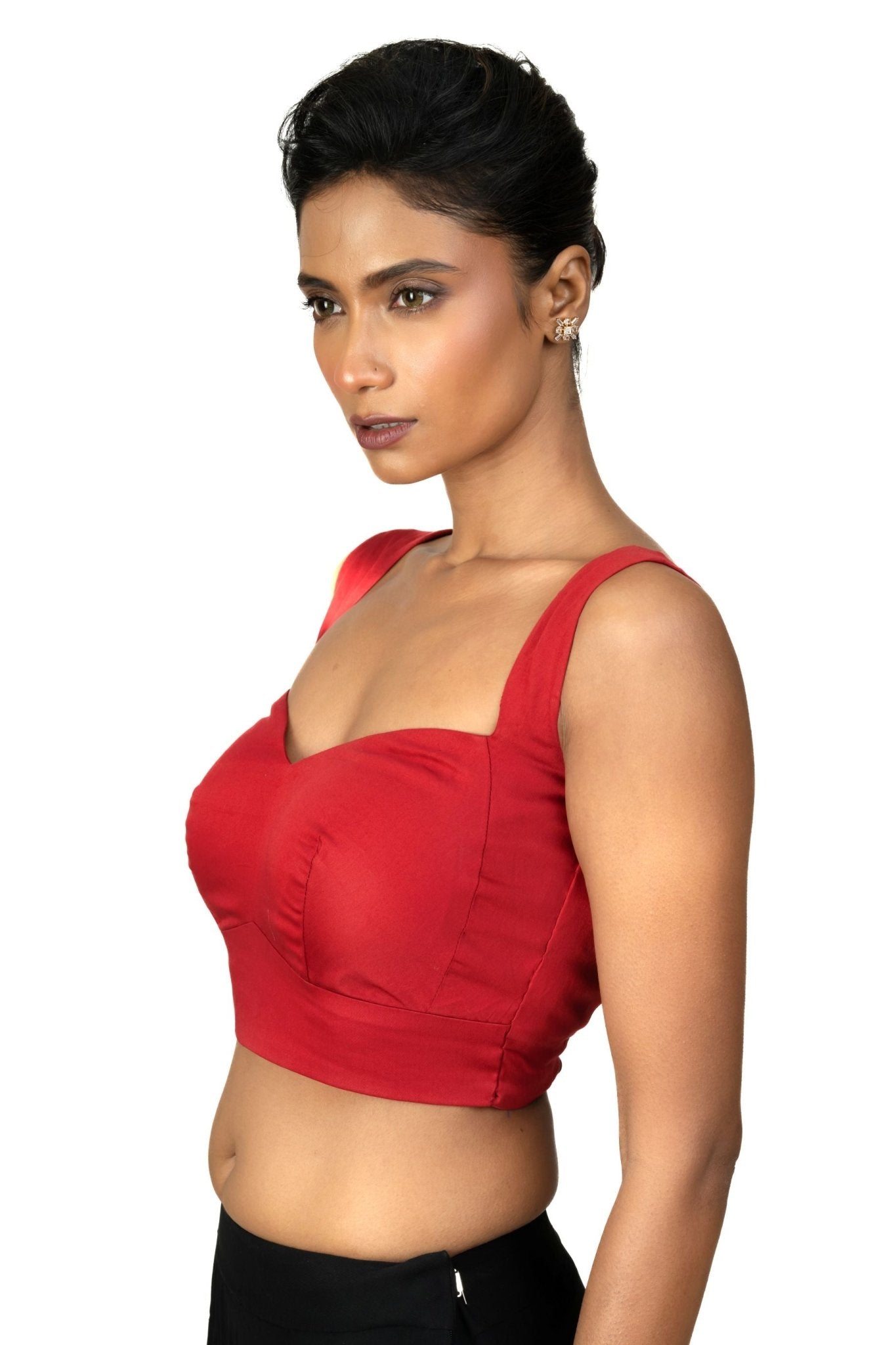 Red Sleeveless Cotton Silk Blouse with Sweetheart Neckline - Anvi Couture