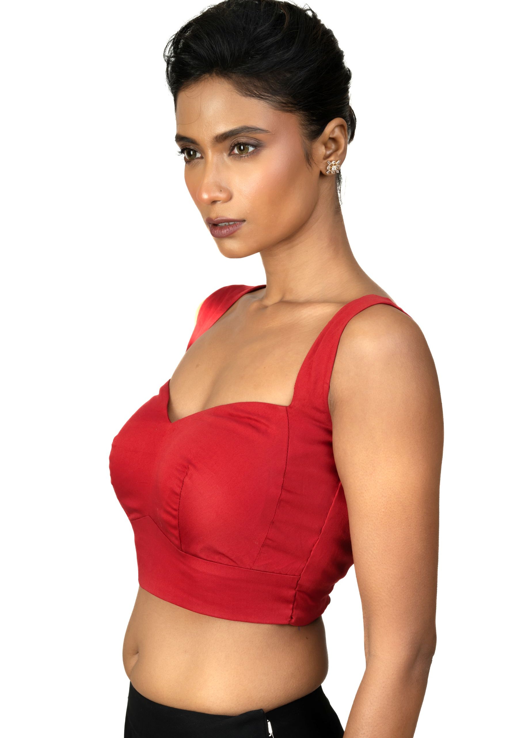 Red Sleeveless Cotton Silk Blouse with Sweetheart Neckline - image 2