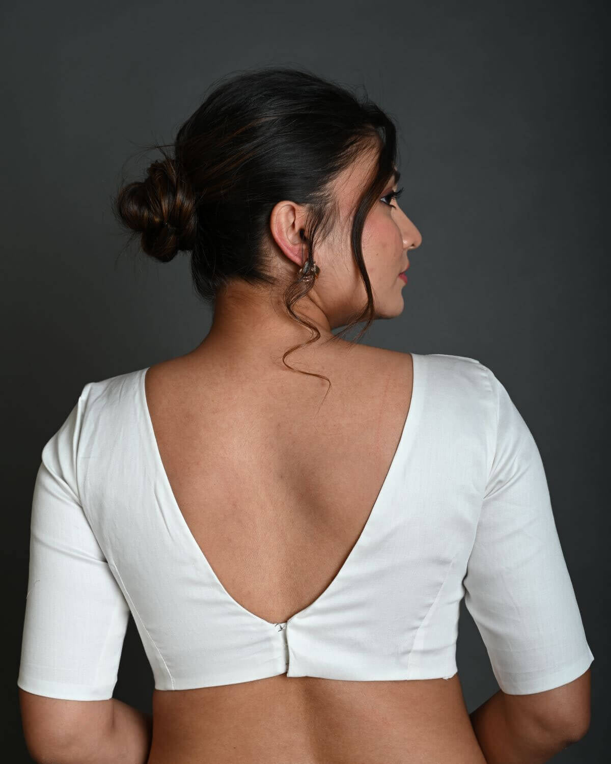 White V Neck Cotton Blouse with Half Sleeves - Anvi Couture