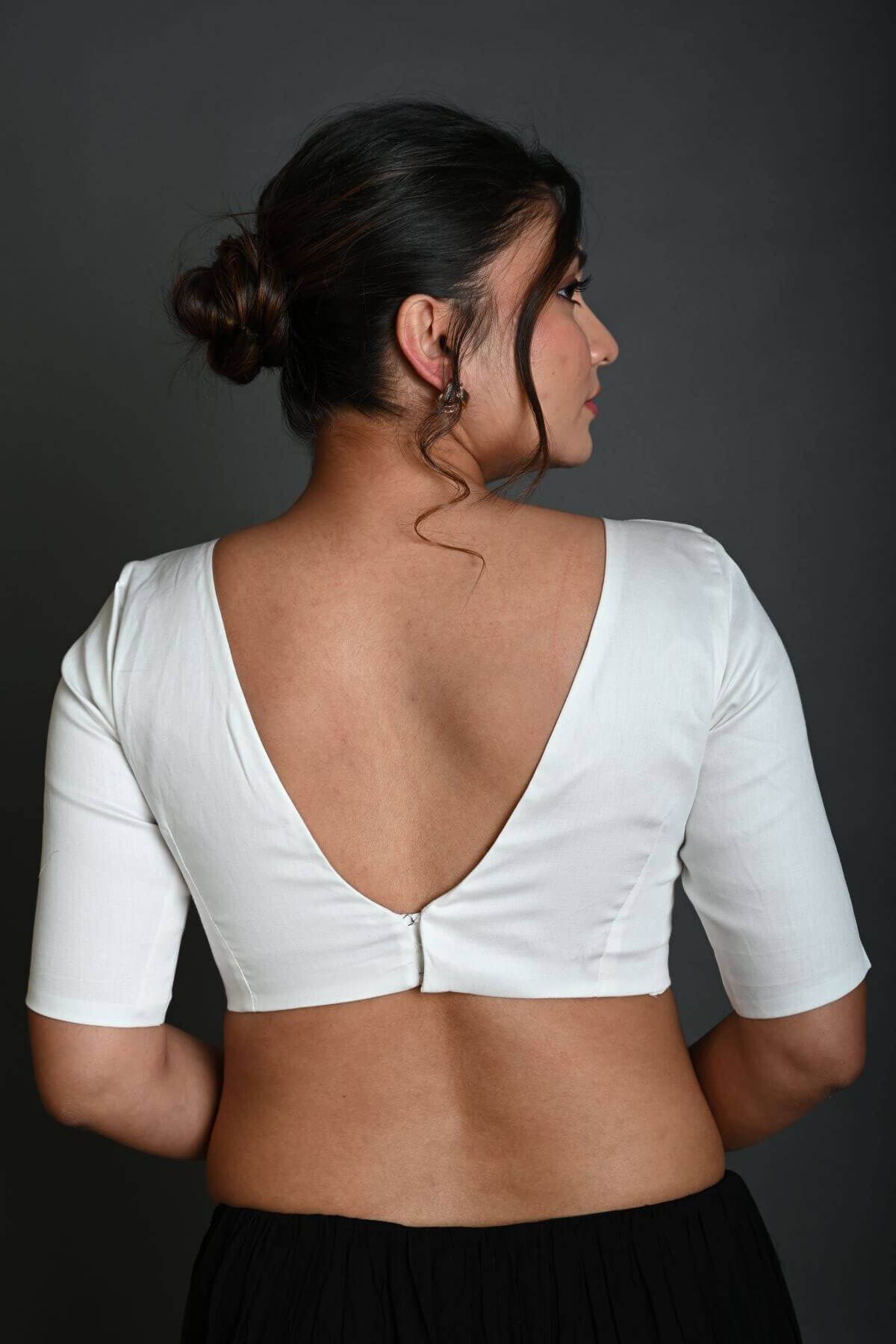 White V Neck Cotton Blouse with Half Sleeves - Anvi Couture