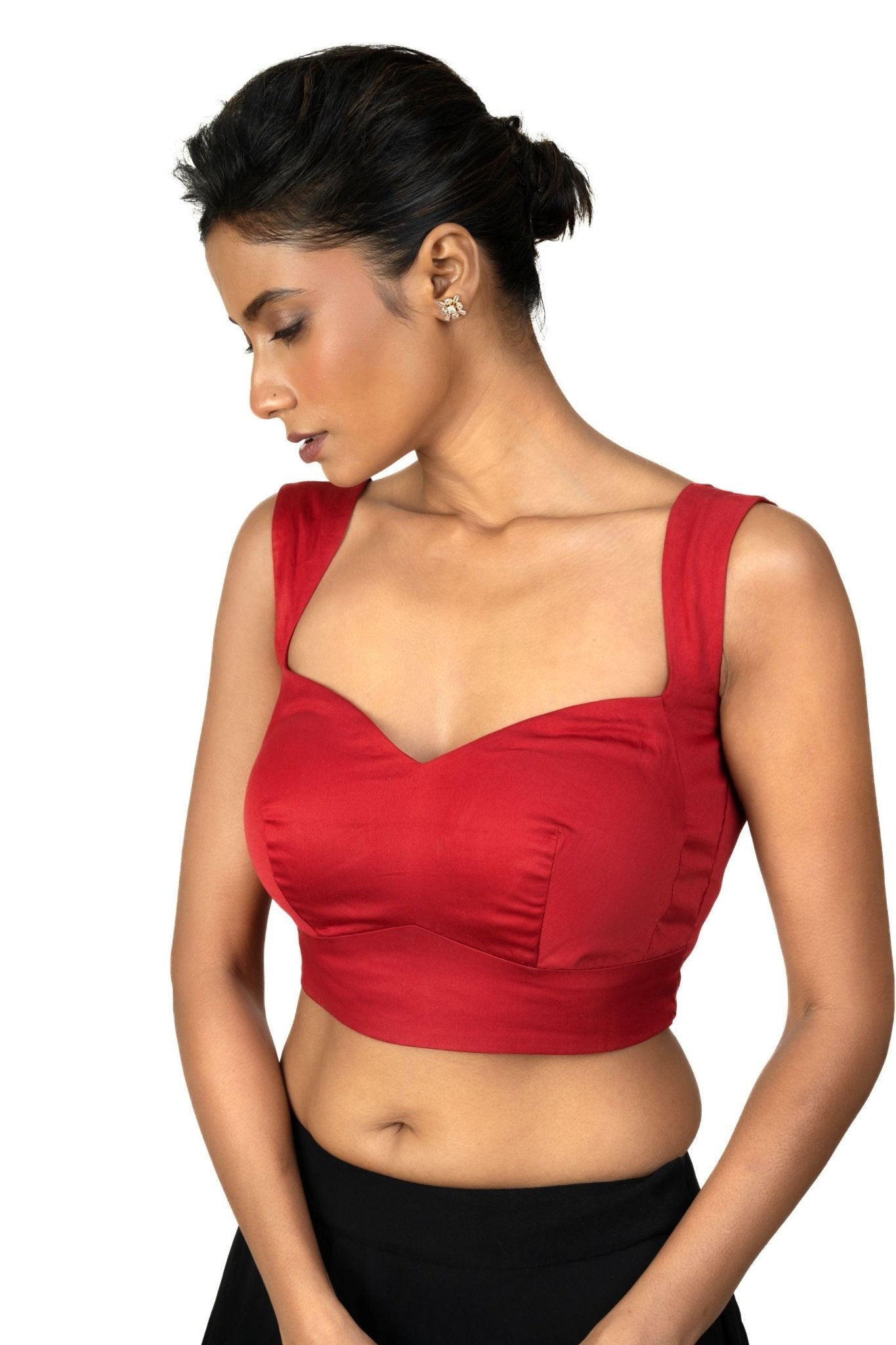 Red Sleeveless Cotton Silk Blouse with Sweetheart Neckline - Anvi Couture