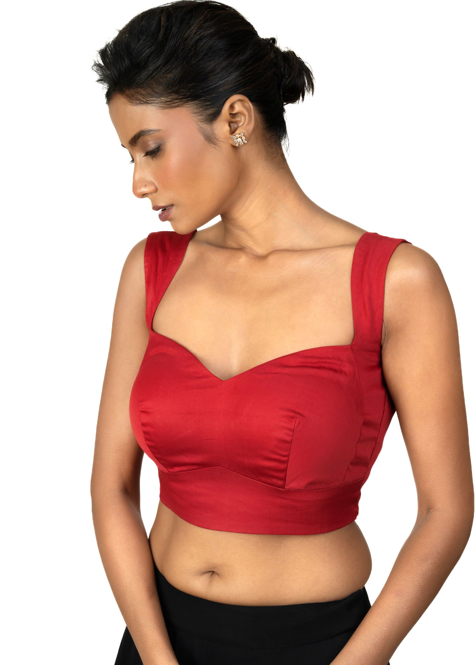 Red Sleeveless Cotton Silk Blouse with Sweetheart Neckline - image 3