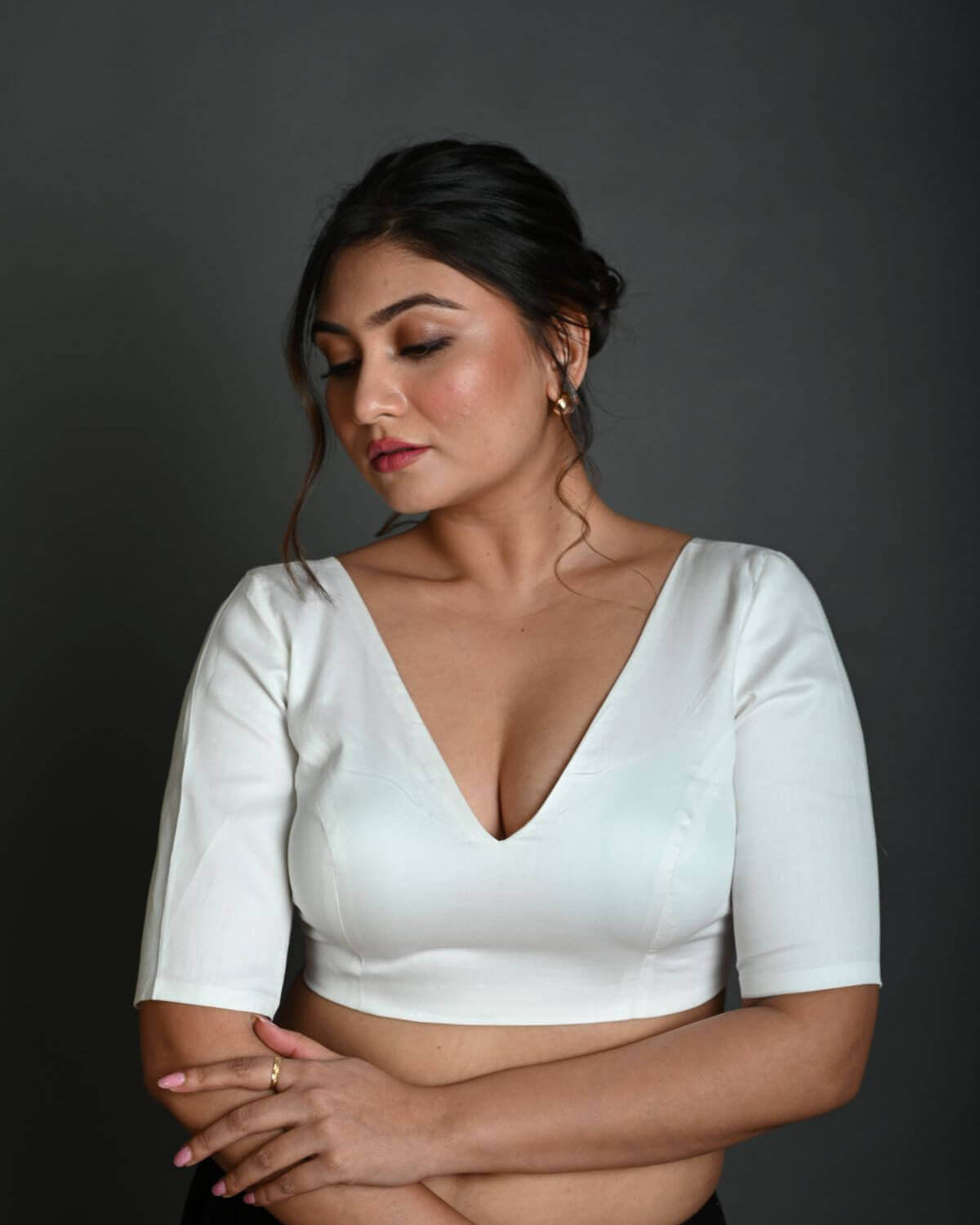 White V Neck Cotton Blouse with Half Sleeves - Anvi Couture