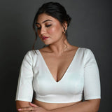 White V Neck Cotton Blouse with Half Sleeves - Anvi Couture