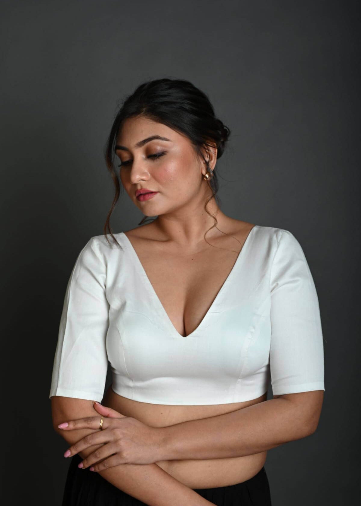 White V Neck Cotton Blouse with Half Sleeves - Anvi Couture