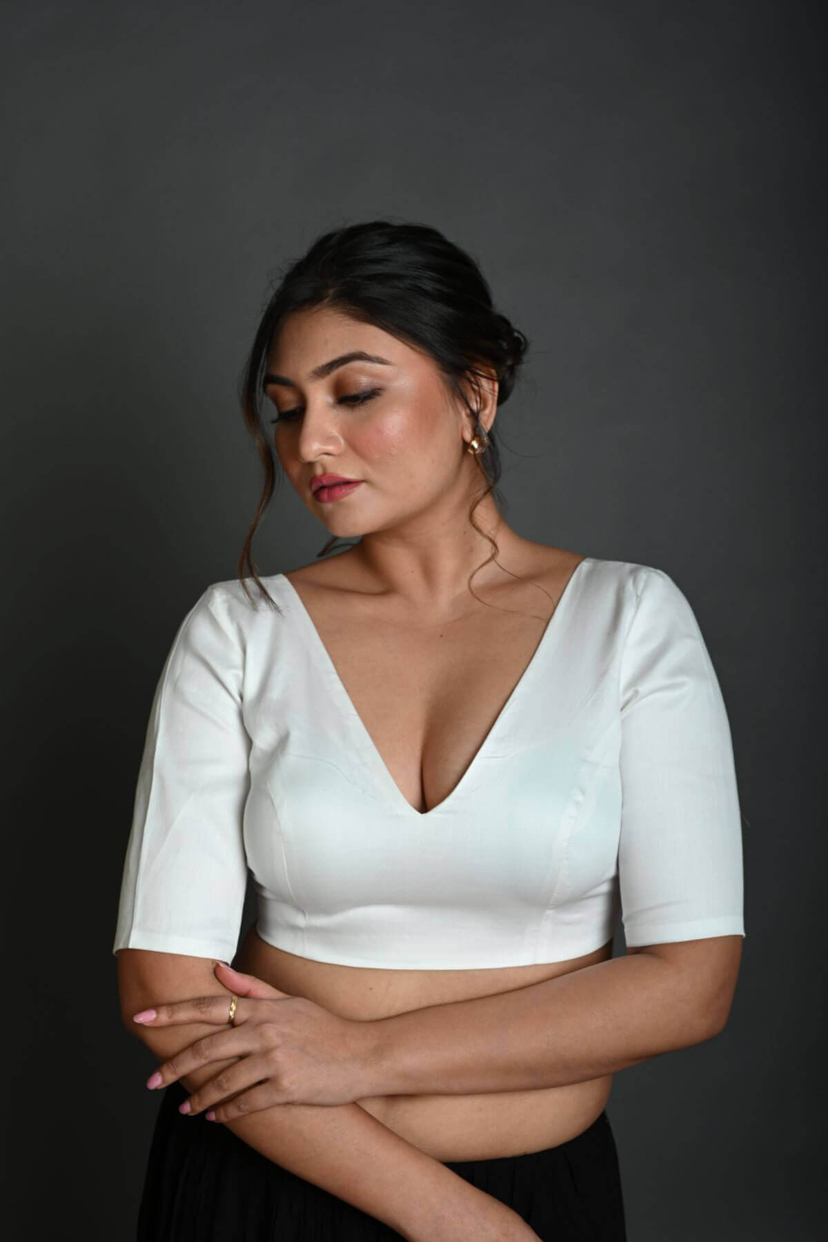 White V Neck Cotton Blouse with Half Sleeves - Anvi Couture