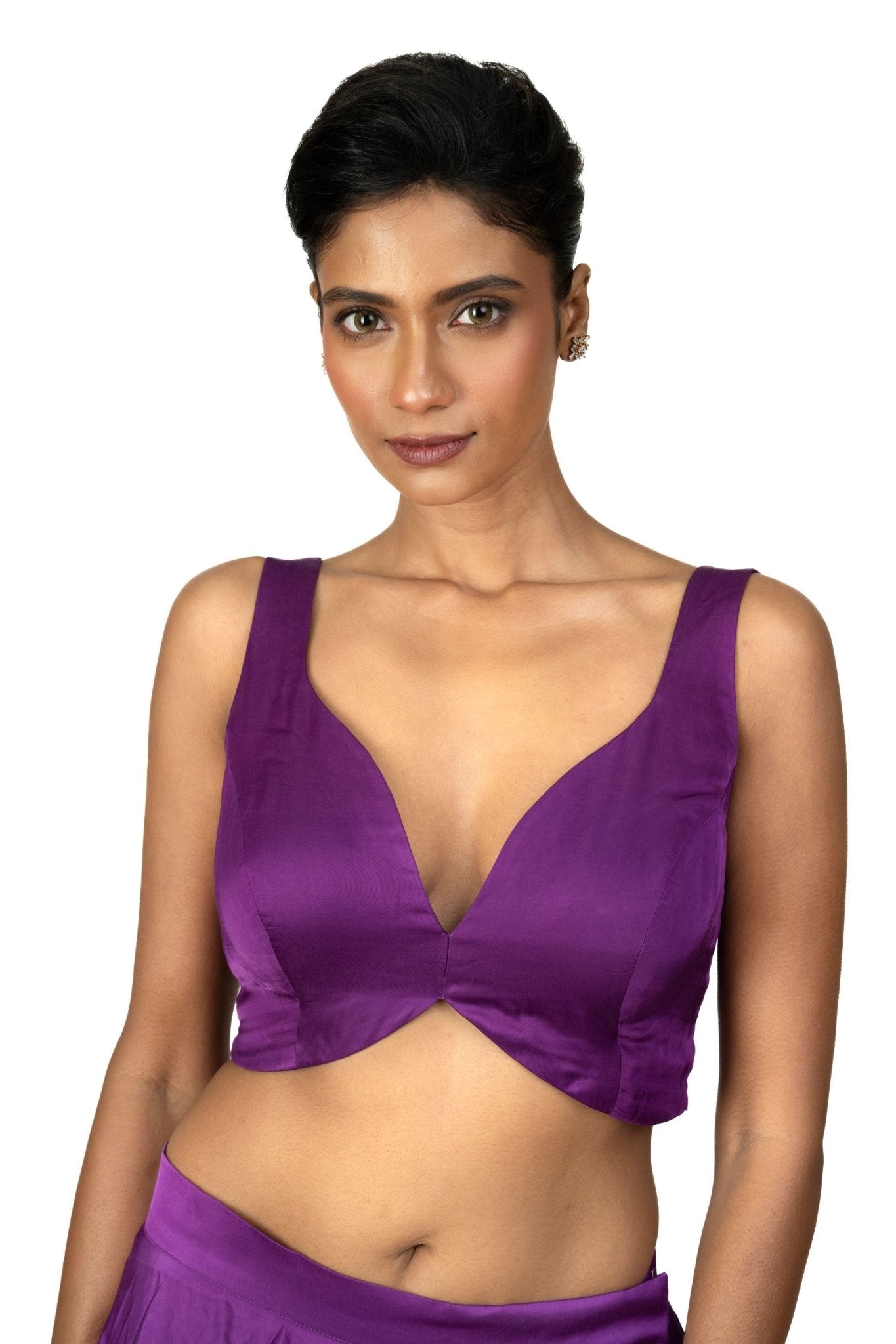 Purple Sleeveless Cotton Silk Blouse with Sweetheart Neckline - Anvi Couture