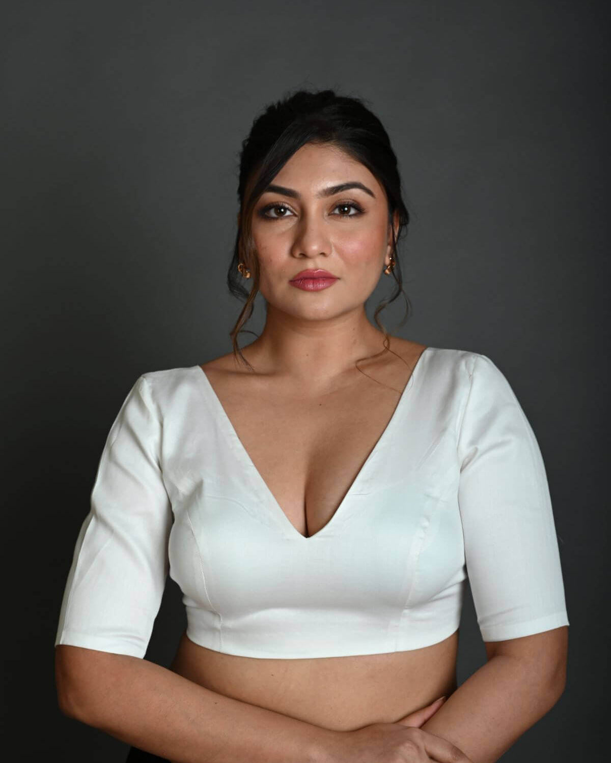 White V Neck Cotton Blouse with Half Sleeves - Anvi Couture