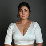 White V Neck Cotton Blouse with Half Sleeves - Anvi Couture