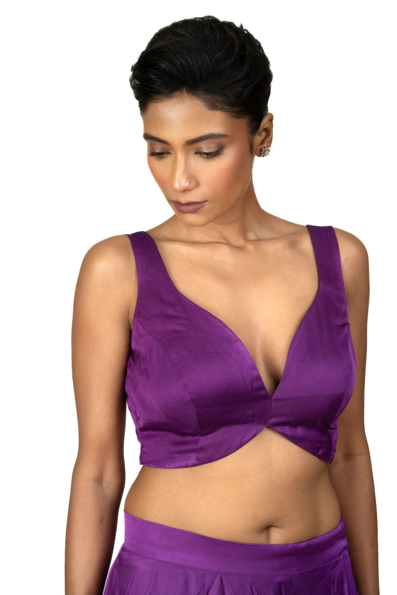 Purple Sleeveless Cotton Silk Blouse with Sweetheart Neckline - Anvi Couture