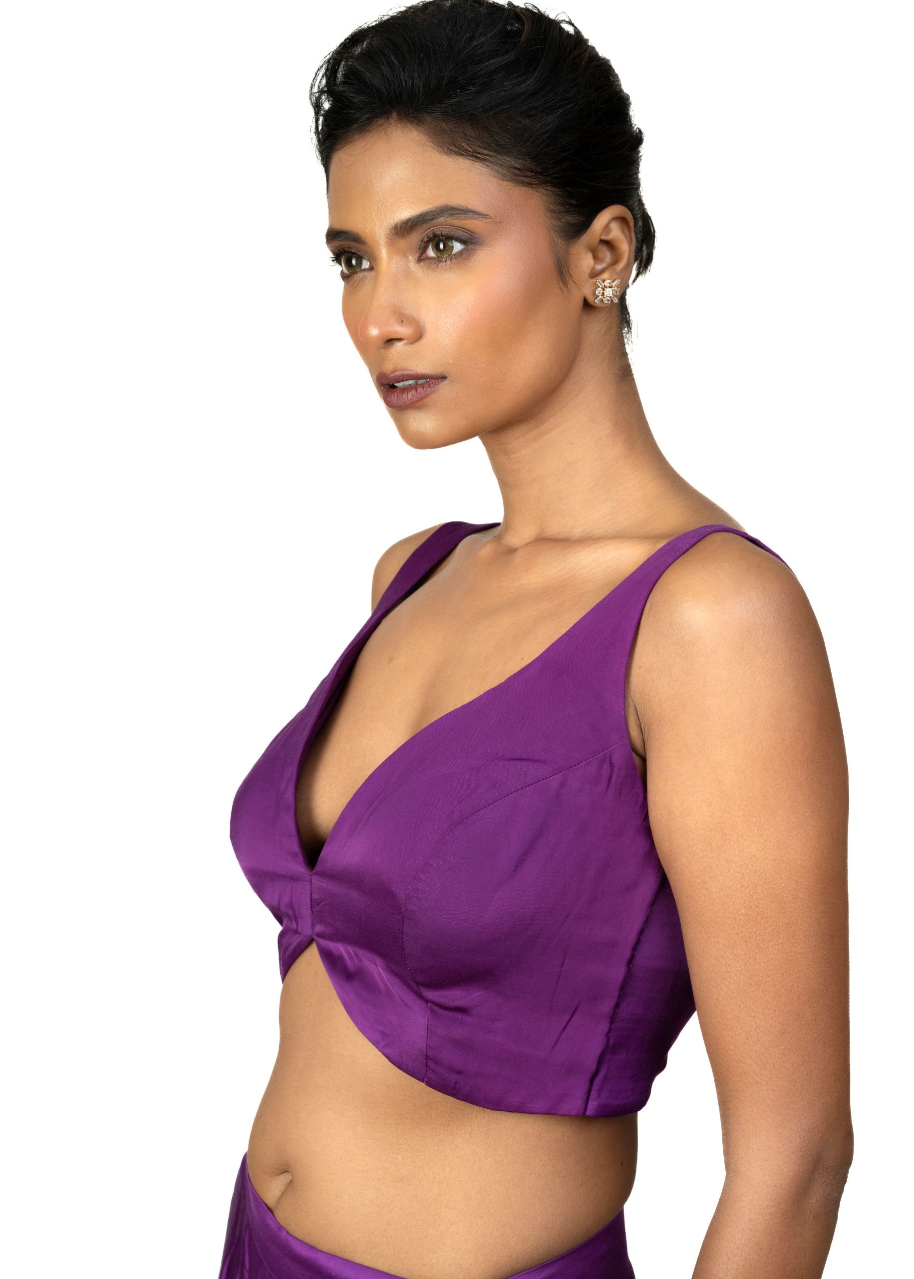 Purple Sleeveless Cotton Silk Blouse with Sweetheart Neckline - image 3