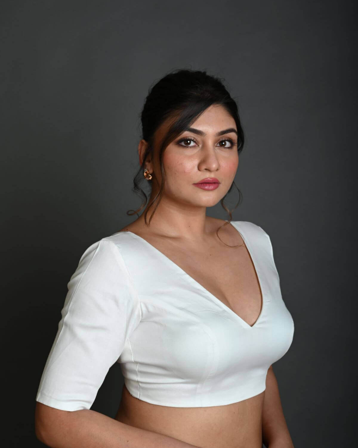 White V Neck Cotton Blouse with Half Sleeves - Anvi Couture