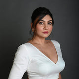 White V Neck Cotton Blouse with Half Sleeves - Anvi Couture