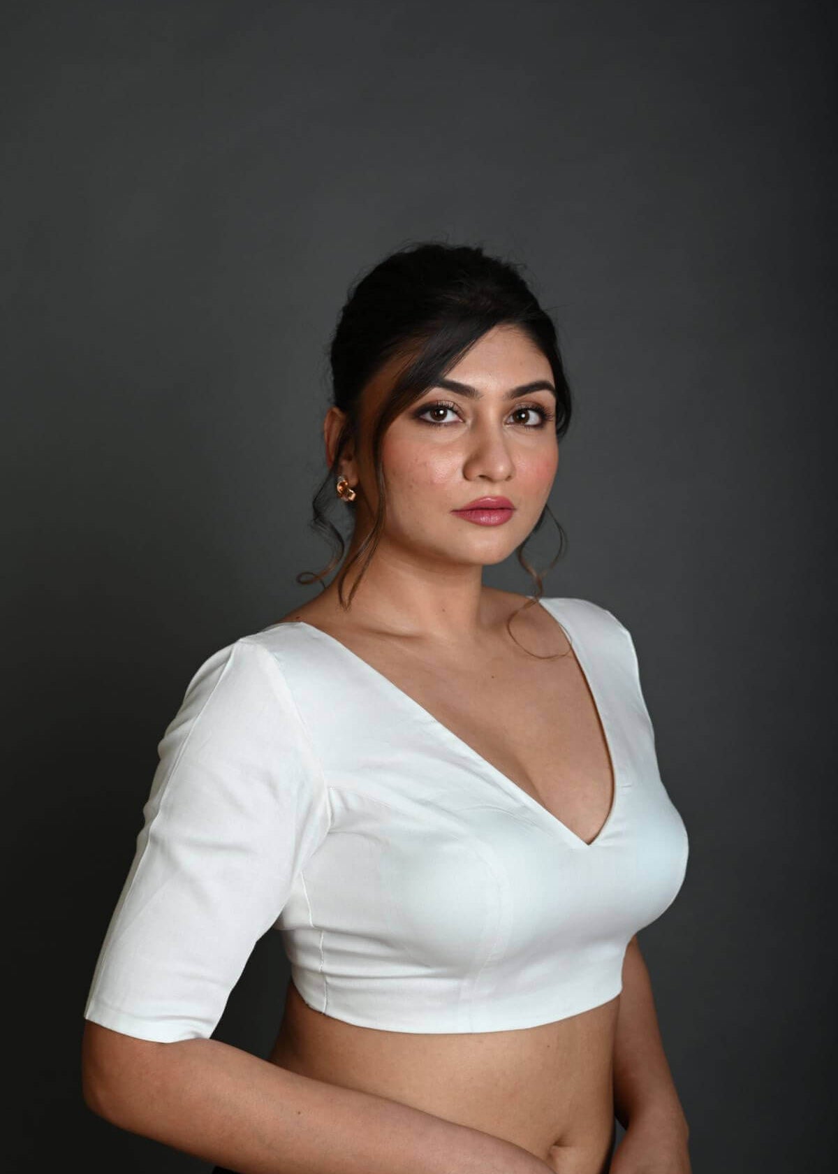 White V Neck Cotton Blouse with Half Sleeves - Anvi Couture