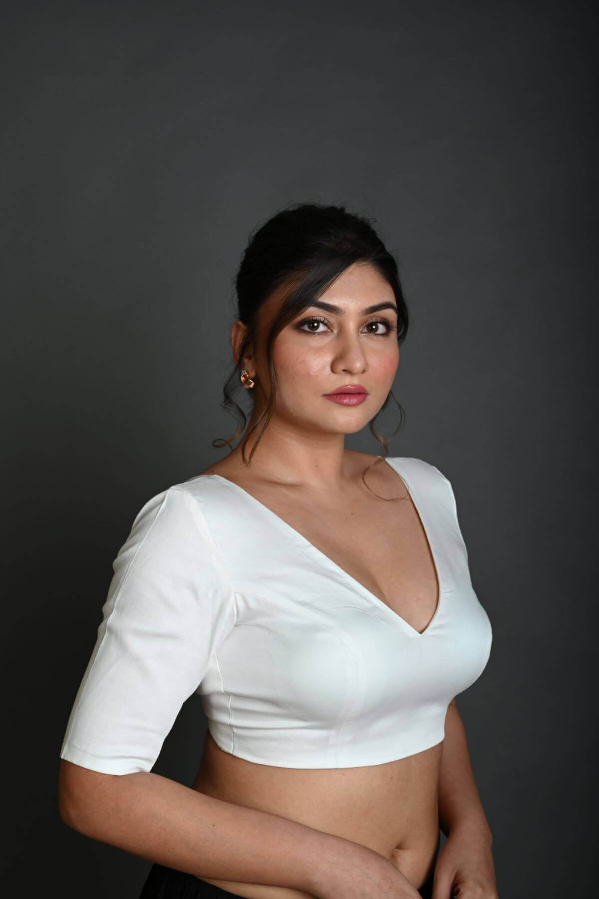 White V Neck Cotton Blouse with Half Sleeves - Anvi Couture