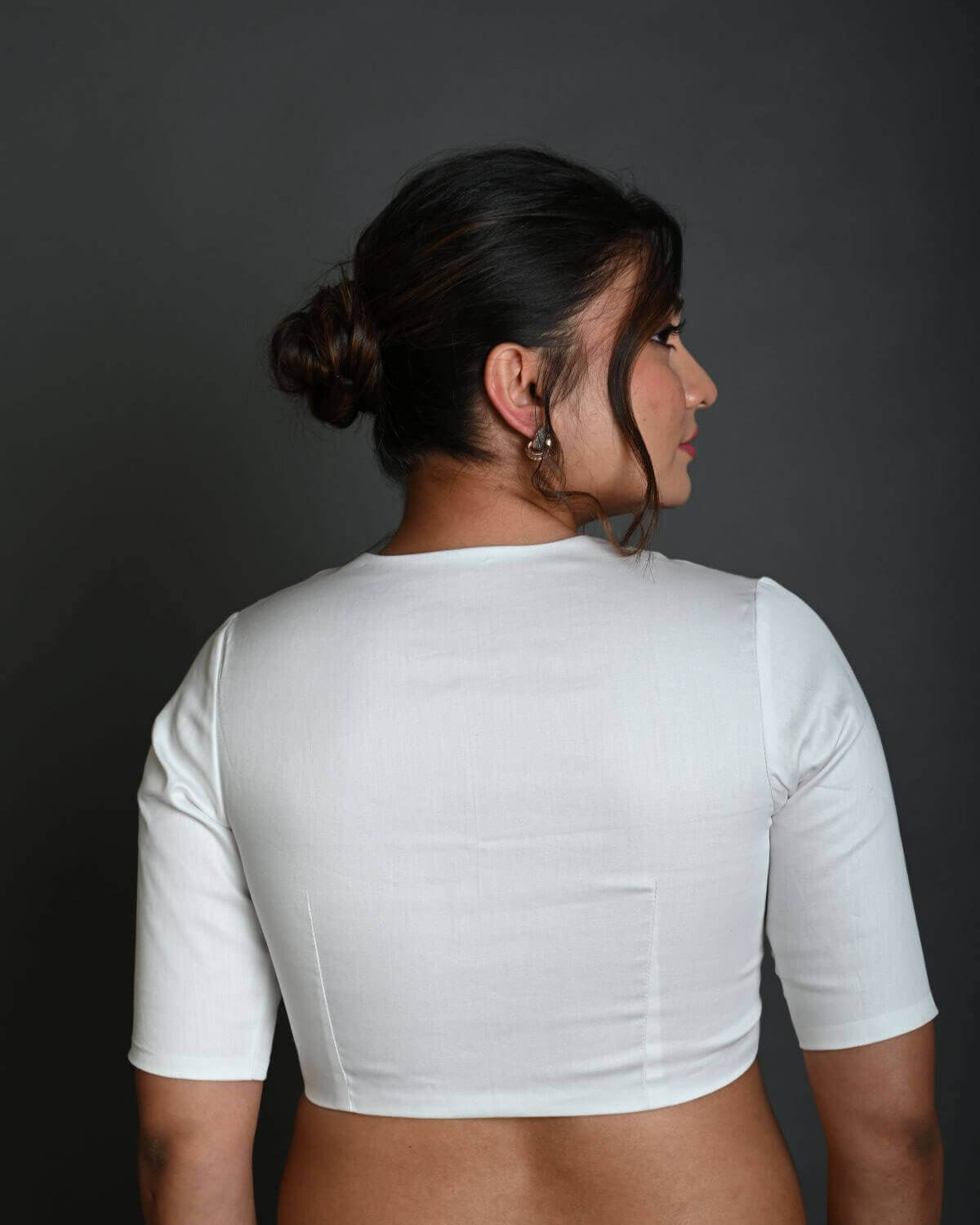 White Cotton Half Sleeve Blouse with Deep V Neckline - Anvi Couture