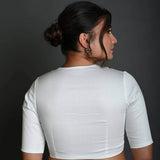 White Cotton Half Sleeve Blouse with Deep V Neckline - Anvi Couture