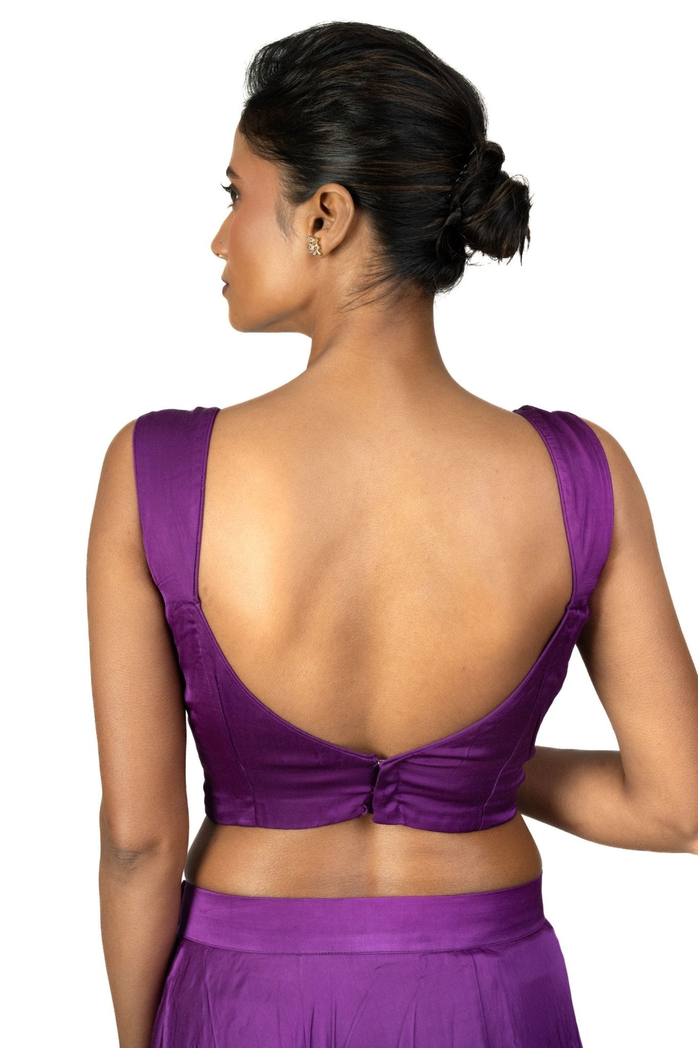 Purple Sleeveless Cotton Silk Blouse with Sweetheart Neckline - Anvi Couture