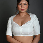 White Cotton Half Sleeve Blouse with Deep V Neckline - Anvi Couture