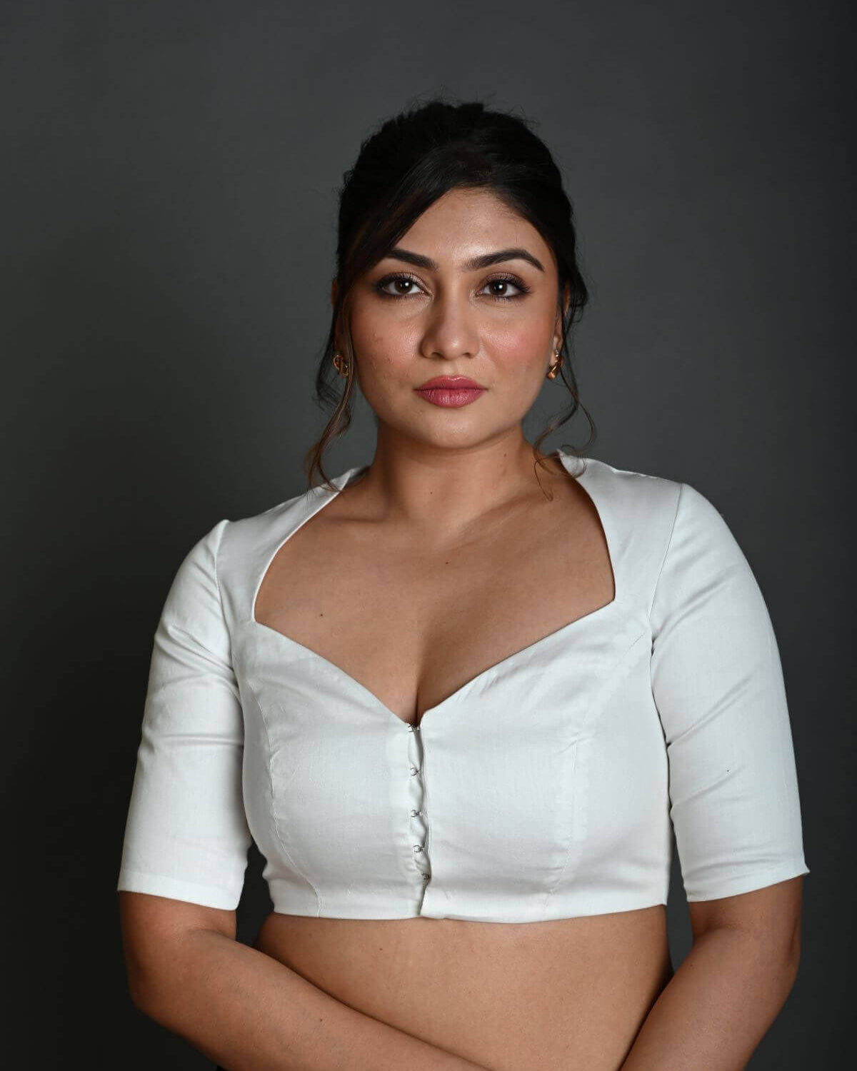 White Cotton Half Sleeve Blouse with Deep V Neckline - Anvi Couture