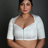 White Cotton Half Sleeve Blouse with Deep V Neckline - Anvi Couture