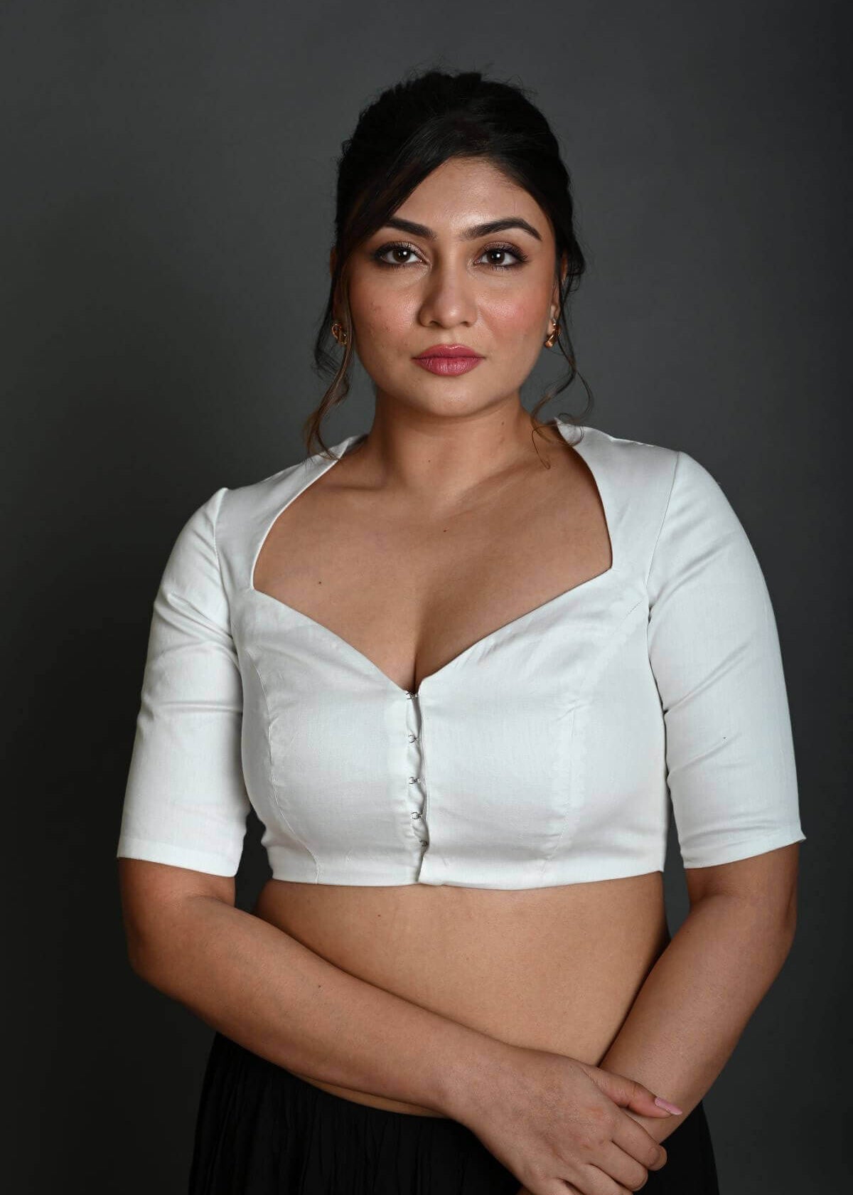 White Cotton Half Sleeve Blouse with Deep V Neckline - Anvi Couture