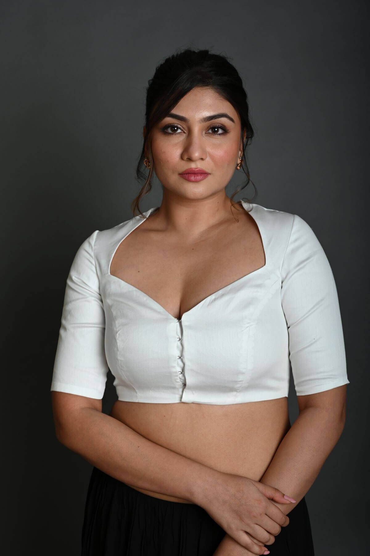 White Cotton Half Sleeve Blouse with Deep V Neckline - Anvi Couture