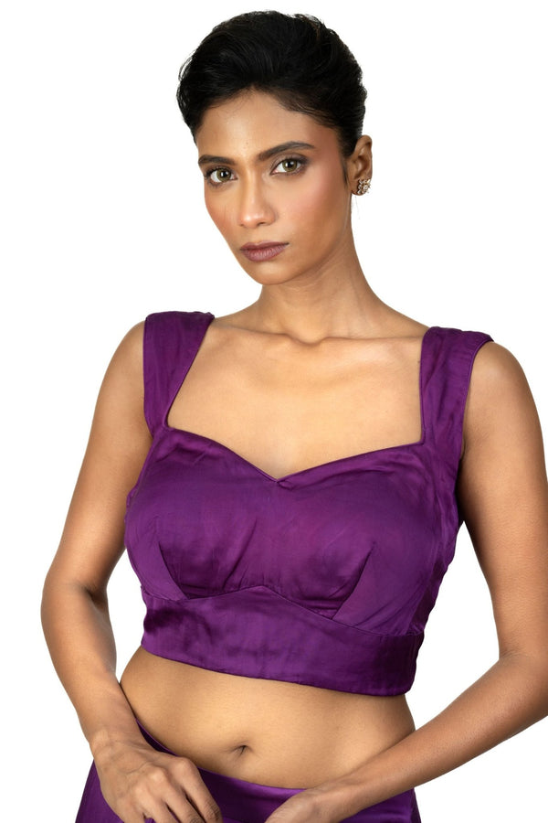 Purple Sleeveless Cotton Silk Blouse with Sweetheart Neckline - Anvi Couture