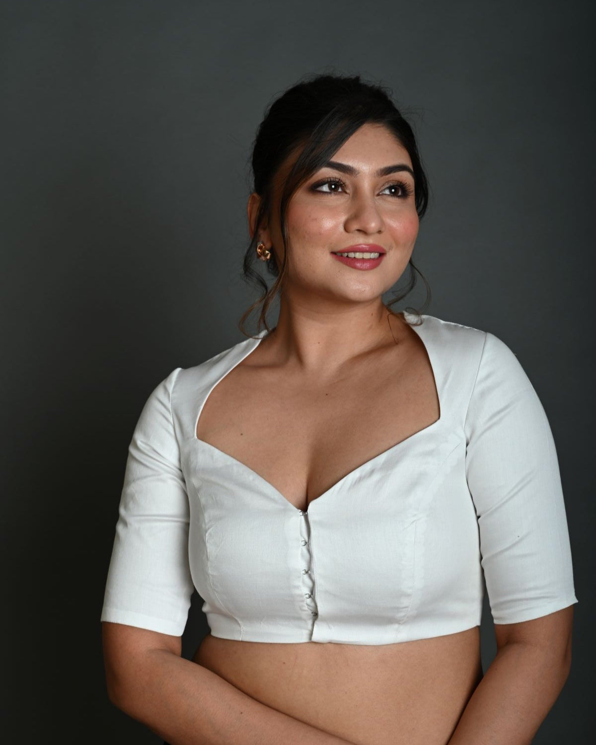 White Cotton Half Sleeve Blouse with Deep V Neckline - Anvi Couture