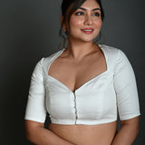 White Cotton Half Sleeve Blouse with Deep V Neckline - Anvi Couture