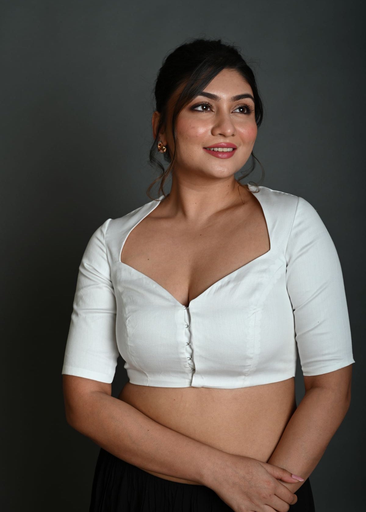 White Cotton Half Sleeve Blouse with Deep V Neckline - Anvi Couture