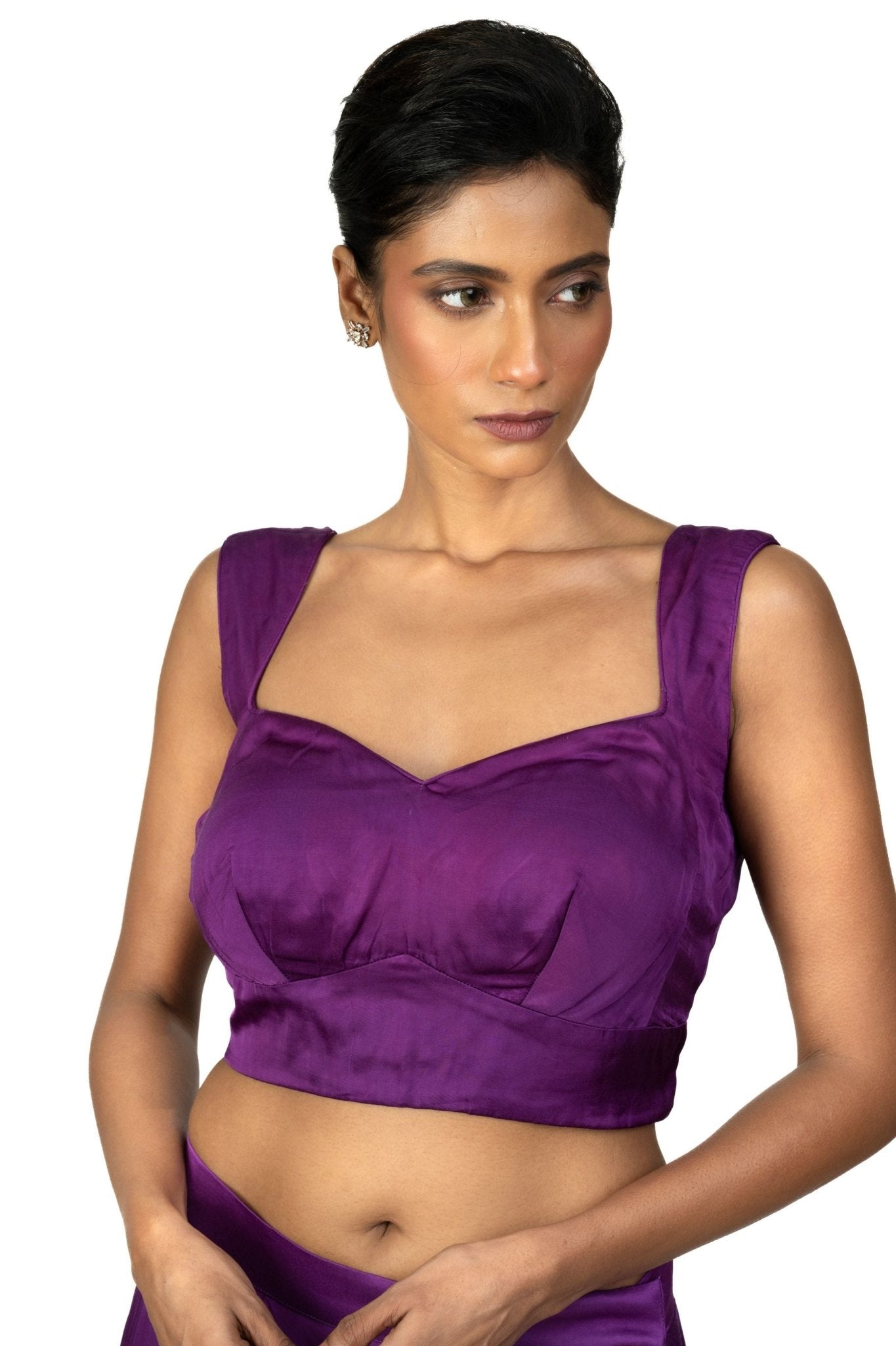 Purple Sleeveless Cotton Silk Blouse with Sweetheart Neckline - Anvi Couture