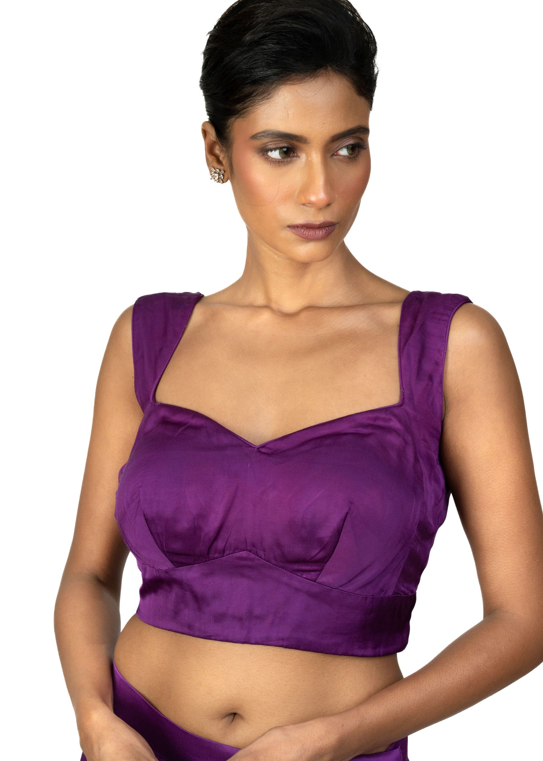 Purple Sleeveless Cotton Silk Blouse with Sweetheart Neckline - image 2