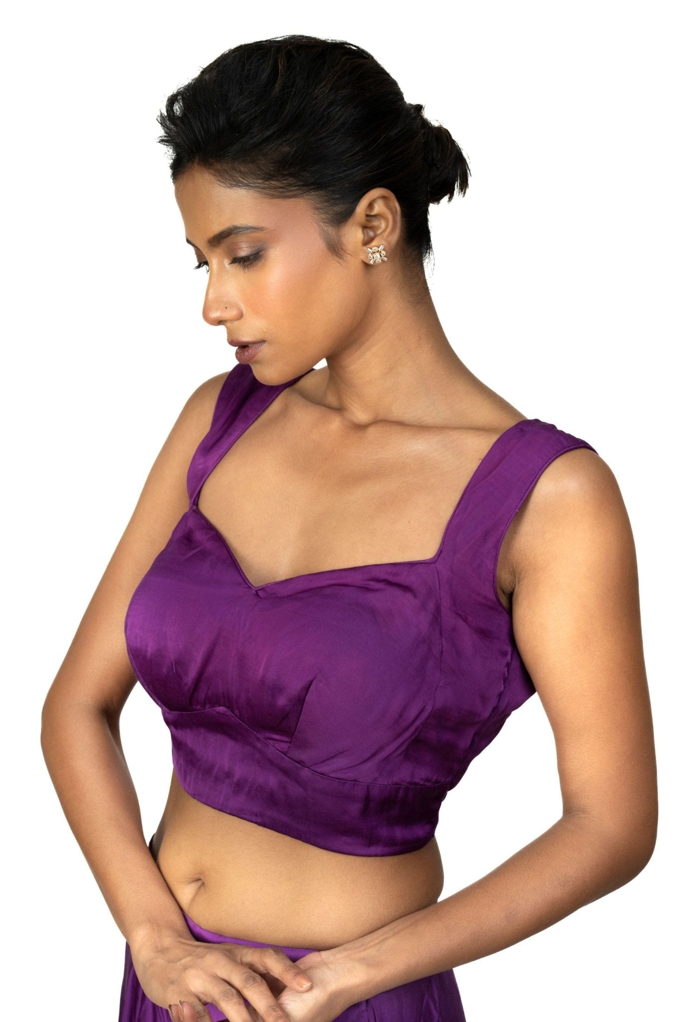 Purple Sleeveless Cotton Silk Blouse with Sweetheart Neckline - Anvi Couture