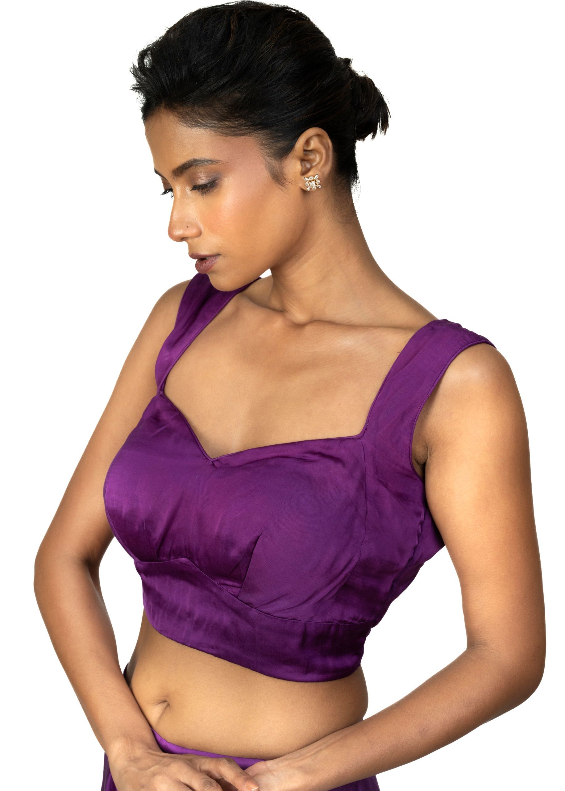 Purple Sleeveless Cotton Silk Blouse with Sweetheart Neckline - image 3