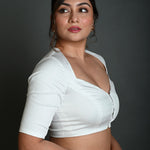 White Cotton Half Sleeve Blouse with Deep V Neckline - Anvi Couture