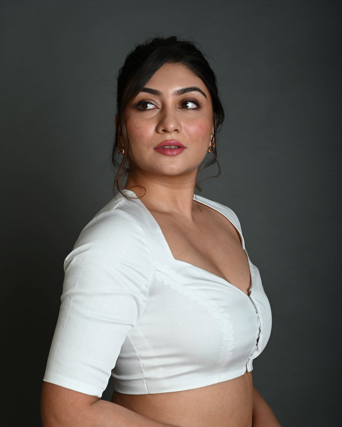 White Cotton Half Sleeve Blouse with Deep V Neckline - Anvi Couture