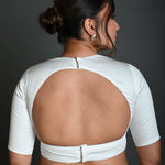 White Half Sleeve Blouse in Cotton with Deep V - Neckline and Back Cutout - Anvi Couture