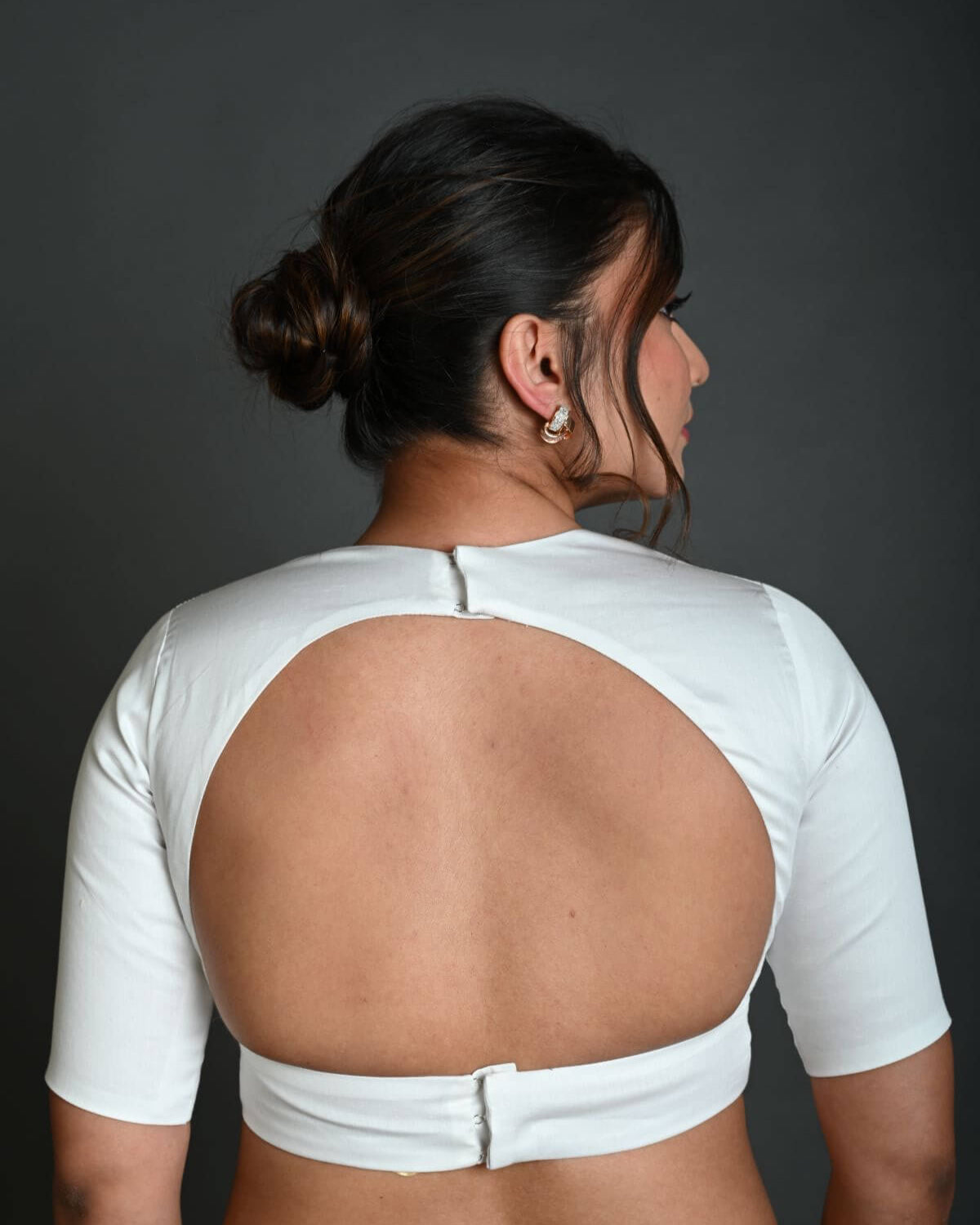 White Half Sleeve Blouse in Cotton with Deep V - Neckline and Back Cutout - Anvi Couture