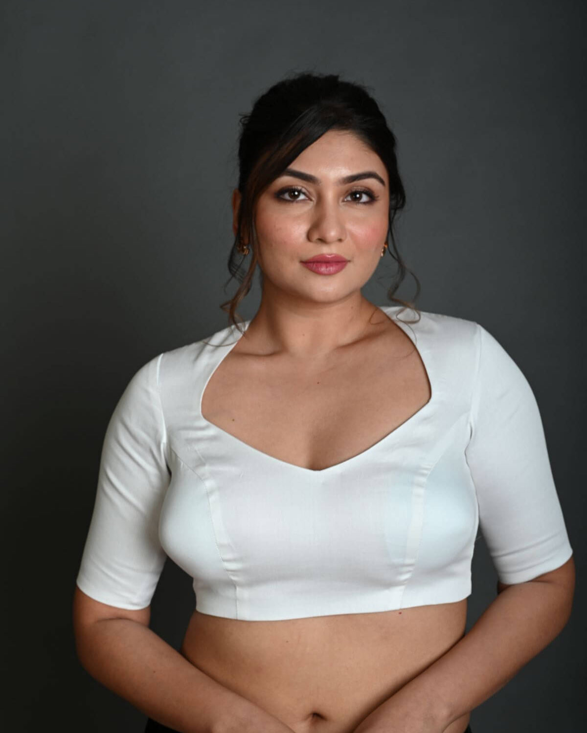 White Half Sleeve Blouse in Cotton with Deep V - Neckline and Back Cutout - Anvi Couture