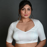 White Half Sleeve Blouse in Cotton with Deep V - Neckline and Back Cutout - Anvi Couture