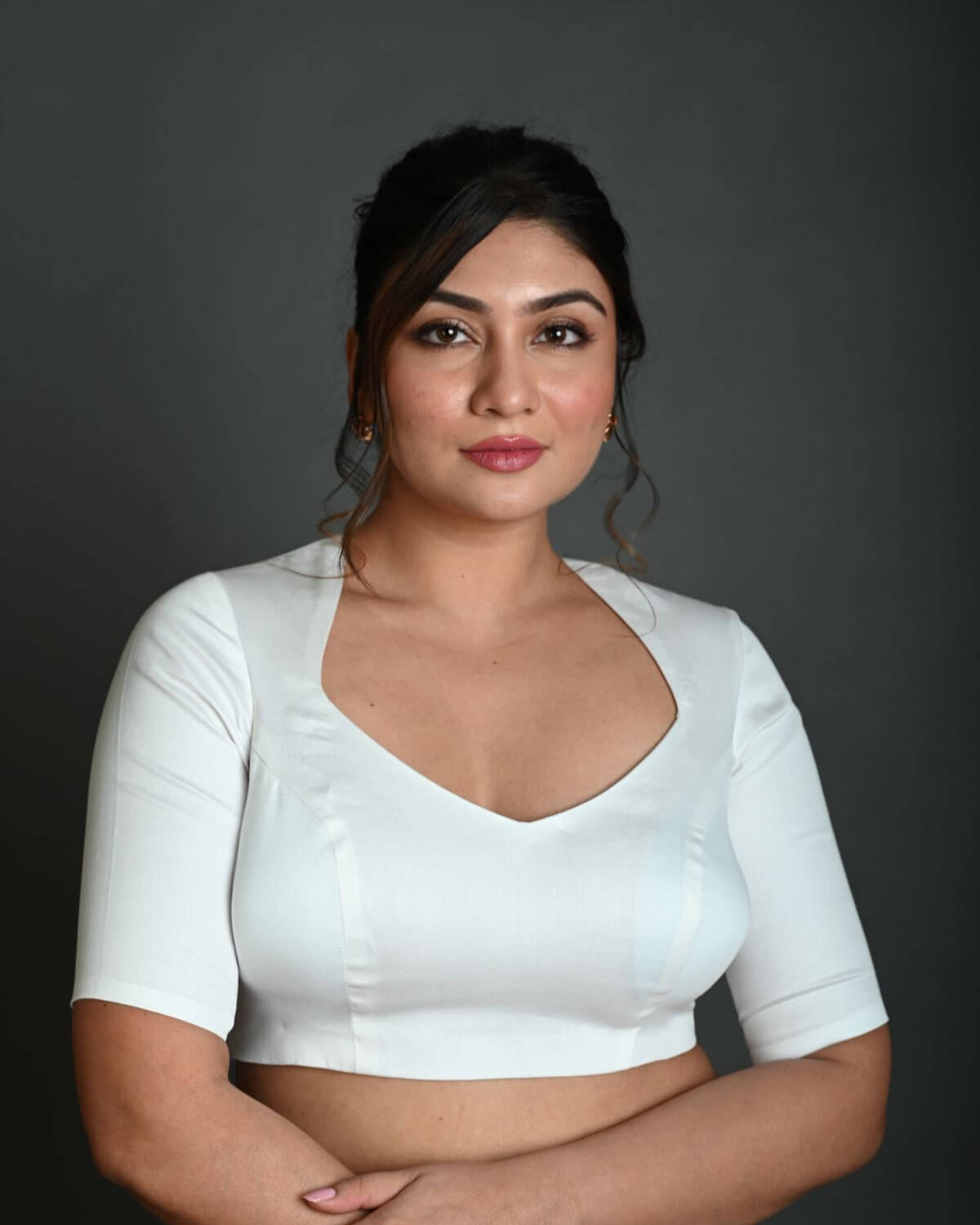 White Half Sleeve Blouse in Cotton with Deep V - Neckline and Back Cutout - Anvi Couture