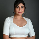 White Half Sleeve Blouse in Cotton with Deep V - Neckline and Back Cutout - Anvi Couture