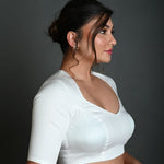 White Half Sleeve Blouse in Cotton with Deep V - Neckline and Back Cutout - Anvi Couture