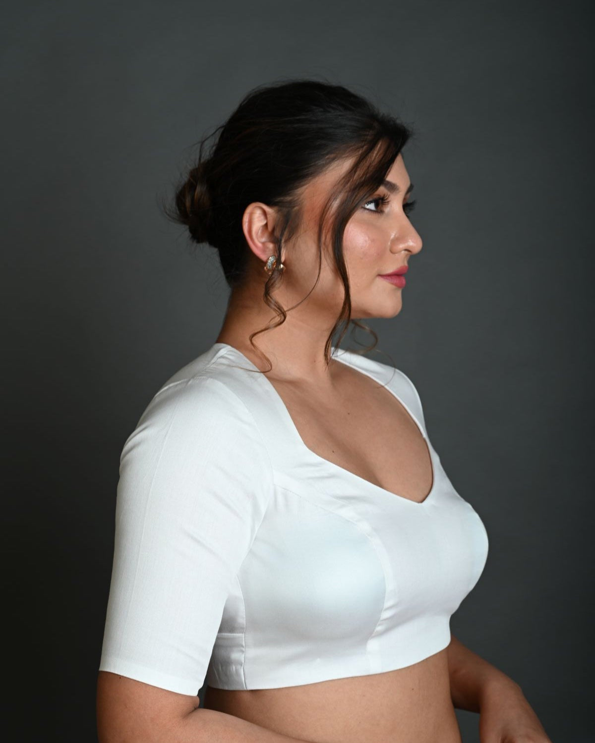 White Half Sleeve Blouse in Cotton with Deep V - Neckline and Back Cutout - Anvi Couture