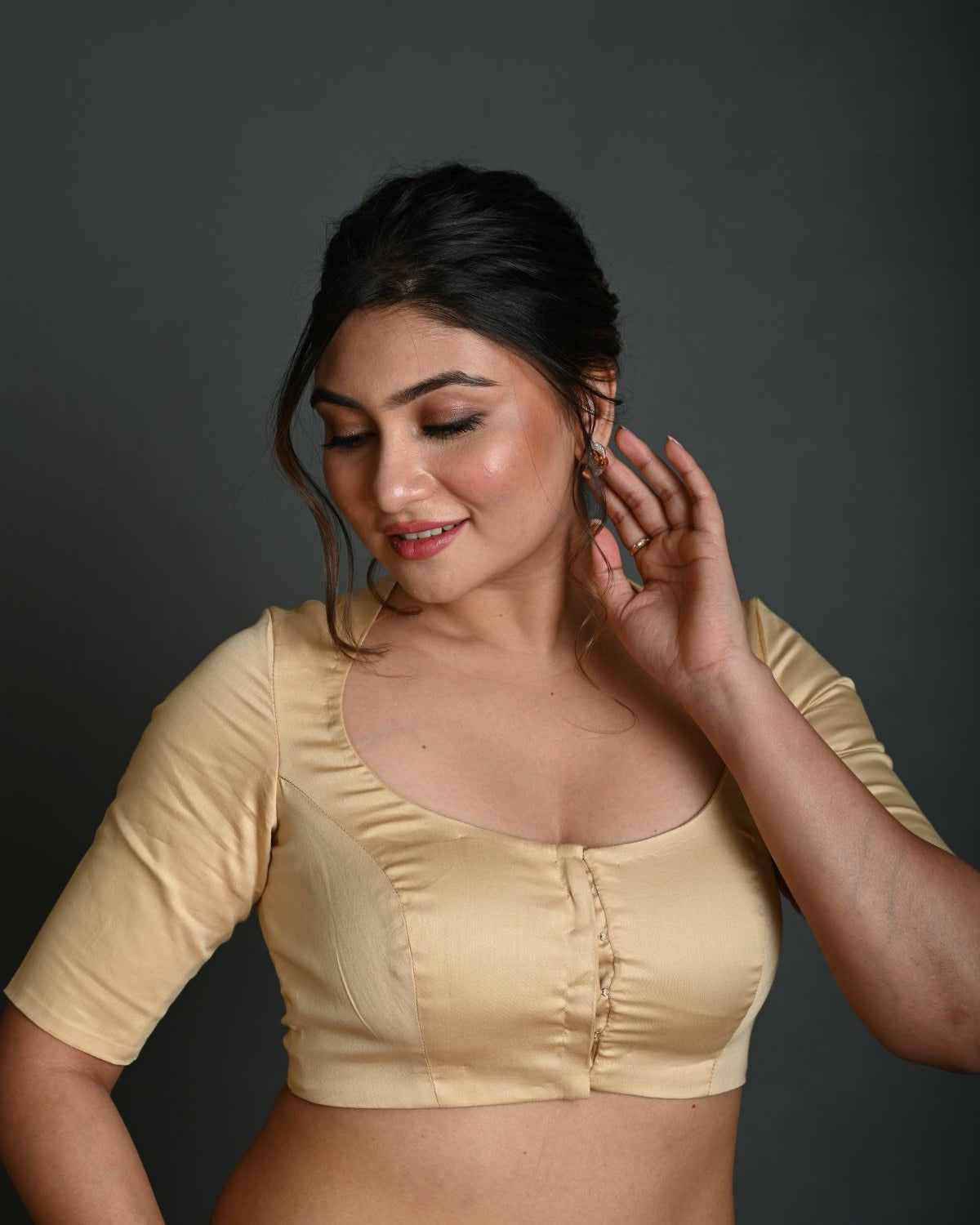 Cream Half Sleeve Blouse in Cotton with Round Neckline - Anvi Couture