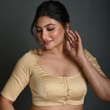 Cream Half Sleeve Blouse in Cotton with Round Neckline - Anvi Couture