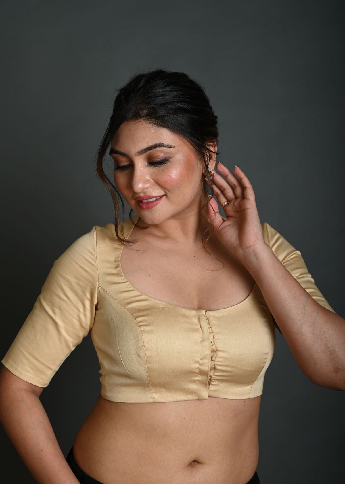 Cream Half Sleeve Blouse in Cotton with Round Neckline - Anvi Couture